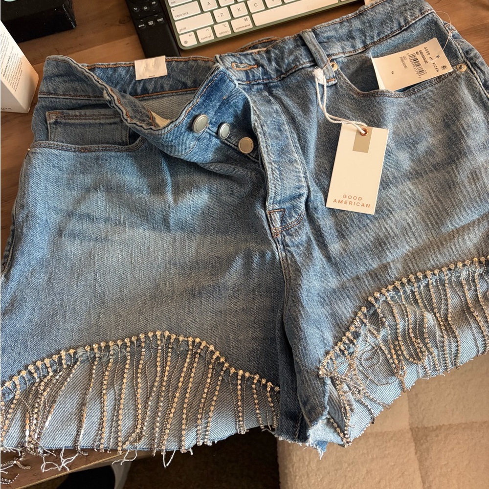 Good American Light Blue Jean Shorts with Metallic Fringe